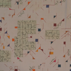 Geometric abstract marker drawing on collaged graph paper and accounting paper