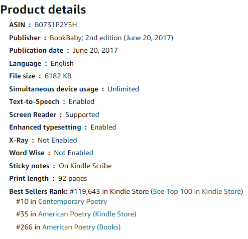 Screenshot of books ranking at #10 on Amazon in Contemporary Poetry, #35 on Amazon in American Poetry (Kindle Store), and #266 on Amazon in American Poetry (Books).