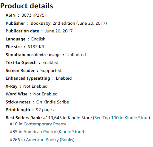 Screenshot of books ranking at #10 on Amazon in Contemporary Poetry, #35 on Amazon in American Poetry (Kindle Store), and #266 on Amazon in American Poetry (Books). 