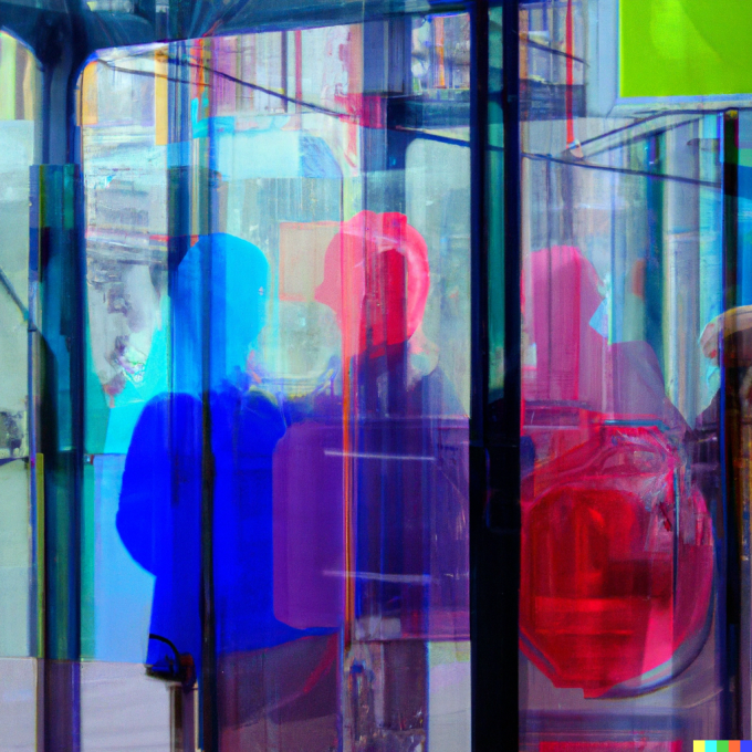text from prompt to DALL-E 2 AI: "the set of human identities with reflections at a glass bus stop - modernistic in bright colors many layers"