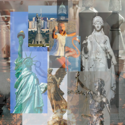 digital image collage featuring statue of libery, goddess of hope, justice with scales, the motherland calls of kyiv, an angel with a wresth and nearly covered up, the winged victory of samothrace plus a young woman with raised fist on a beach, the US capitol distorted, and a flamingo