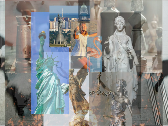 digital image collage featuring statue of libery, goddess of hope, justice with scales, the motherland calls of kyiv, an angel with a wresth and nearly covered up, the winged victory of samothrace plus a young woman with raised fist on a beach, the US capitol distorted, and a flamingo